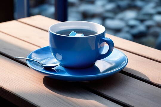  Blue Ceramic Teacup and Saucer with Sugar Cubes on Wooden Table
