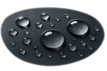 Water drops forming perfect rounded shapes on a black hydrophobic surface with transparent background