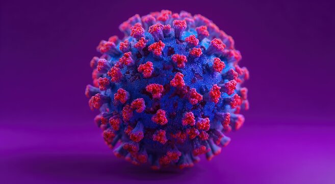 A detailed 3D rendering of a virus, blue core with red spikes against a purple backdrop
