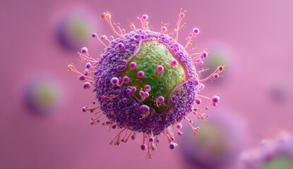 A vibrant, detailed 3D rendering depicts a sphere-shaped biological entity with surface protrusions