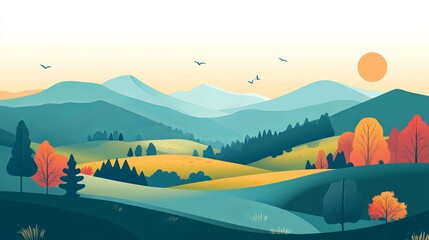 Scenic flat landscape illustration with rolling hills and clear sky, minimalist nature vector design