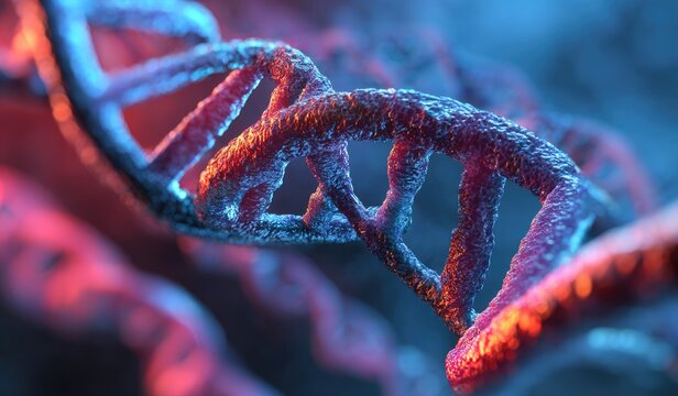 Close-up of a DNA double helix model, illuminated with red and blue light
