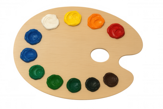 Paint palette holding various colorful acrylic paint blobs, representing art, creativity, and mixing colors