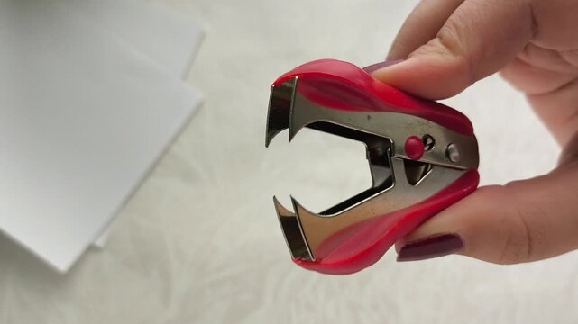 Red staple remover in a woman's hand. Staple Remover Tool