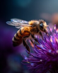 Close-up of a honeybee collecting nectar on a purple flower