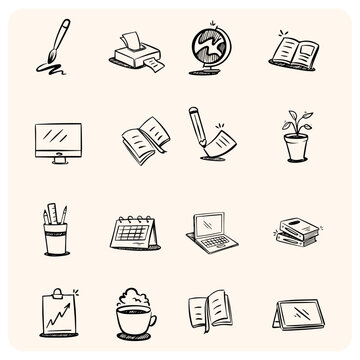 Hand-Drawn Doodle Style Office and Workspace Icons Set