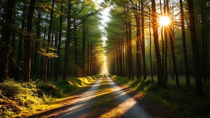 Fototapeta premium A peaceful forest path dividing into two routes, bathed in golden sunlight through the trees.