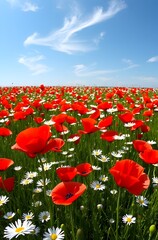 A meadow landscape filled with vibrant red poppies and white daisies under a bright blue sky with fluffy clouds.