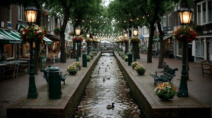 Fototapeta premium Canal reflects glowing street lamps above a quiet urban pathway lined with blooming flowers and benches in a picturesque European town.