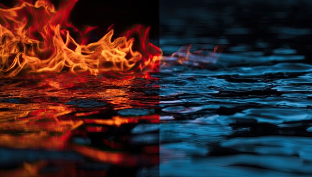 Split image juxtaposes fiery flames on the left with cool blue ice reflections on the right