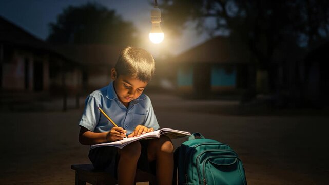 Indian rural boy studying  in light bulb 