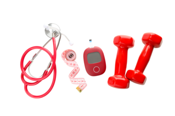 Diabetes management gear: glucometer, stethoscope, weights, PNG
