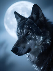 Close-up portrait of a black wolf against a night backdrop, highlighting its eyes and dark fur as a magnificent predator and wildlife animal, wolf wallpaper