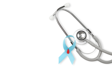 Stethoscope placed beside turquoise ribbon with drop, isolated, PNG