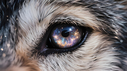 Macro close-up portrait of a cute husky dog's siberian eye with white fur