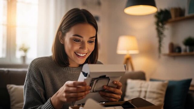Woman's Amazed Reaction Unboxing Surprise Gift at Home