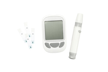 Glucose meter and lancet device with testing strips, isolated, PNG