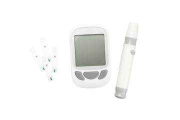 Glucose meter and lancet device with testing strips, isolated, PNG