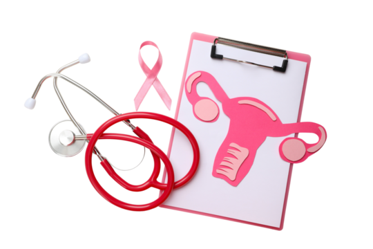 Medical tools with pink ribbon for breast cancer awareness, PNG
