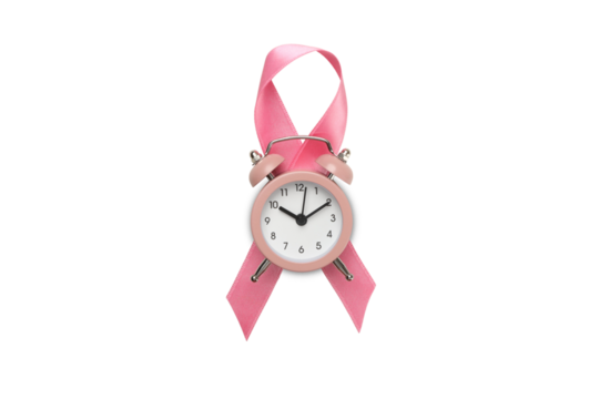 Clock with pink ribbon representing breast cancer awareness, PNG