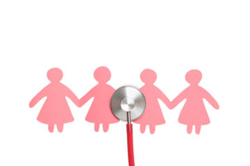 Stethoscope on pink cutouts of women holding hands, isolated, PNG