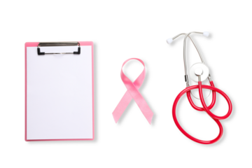Pink ribbon, clipboard, and stethoscope on white, isolated, PNG