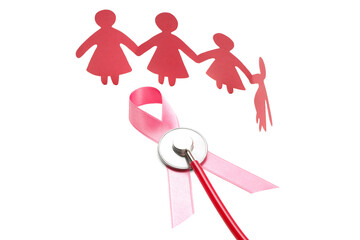 Cutout paper figures holding hands near a pink ribbon, isolated, PNG