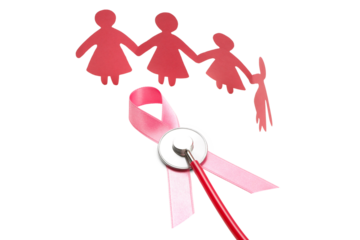 Cutout paper figures holding hands near a pink ribbon, isolated, PNG