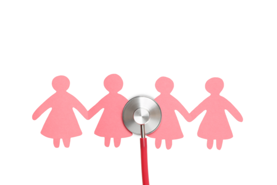 Stethoscope on pink cutouts of women holding hands, isolated, PNG - Powered by Adobe