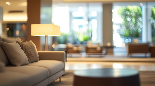 41.A serene, blurred image of a contemporary living room with a focus on inviting, relaxed seating, soft, natural light pouring in, and a minimalist decor scheme that enhances the peaceful vibe