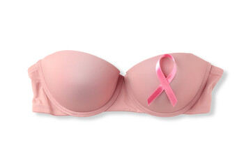 Pink bra with a breast cancer awareness ribbon, isolated, PNG