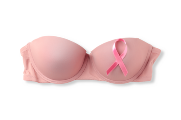 Pink bra with a breast cancer awareness ribbon, isolated, PNG