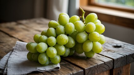 A bunch of green grapes with water droplets sitting on a rustic wooden table near a white cloth napkin