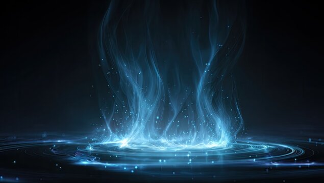 Abstract blue glowing energy rising from a circular platform against a dark backdrop
