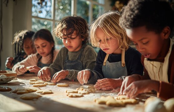 Diverse children baking cookies together in kitchen