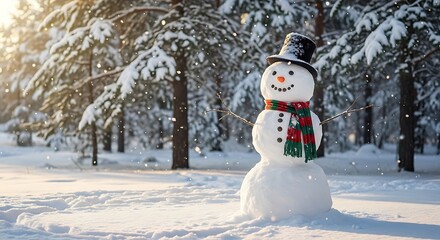 Obraz premium Snowy Winter Snowman in Forest.