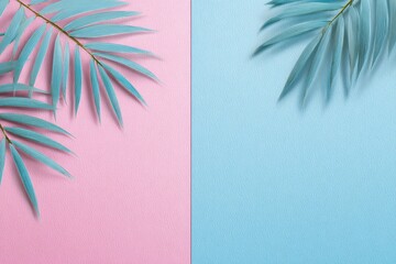 Colorful, minimalist composition of teal palm fronds on a split pink and blue background