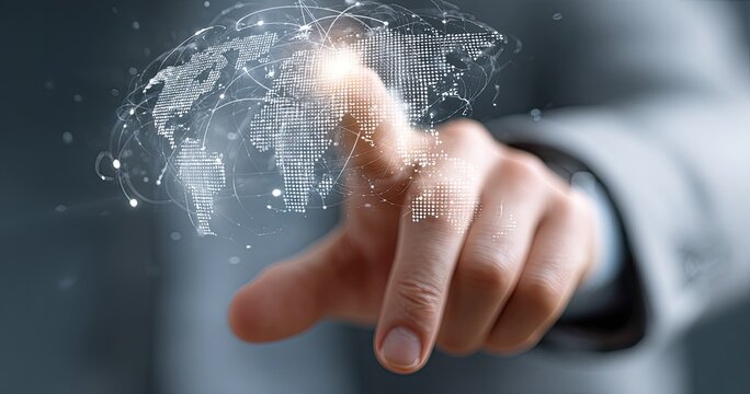 Hand touching digital world map with interconnected lines, representing global network - Powered by Adobe