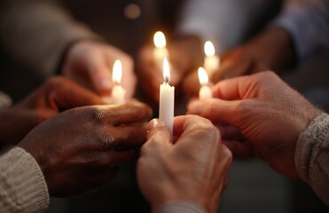 Diverse hands holding lit candles during a unified vigil