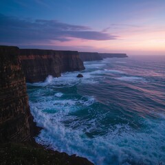 Sunset Over Dramatic Coastal Cliffs with Crashing Waves and Turquoise Ocean