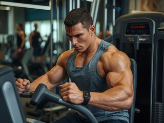 Man training hard in a modern gym lifting weights