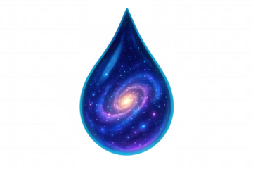 Water drop containing a spiraling galaxy and stars, symbolizing cosmic vastness and universal connection