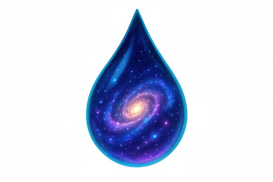 Water drop containing a spiraling galaxy and stars, symbolizing cosmic vastness and universal connection