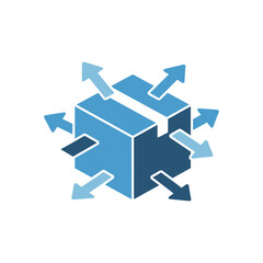 Blue box representing distribution sends arrows outward symbolizing global reach and supply chain management in a modern and efficient manner.
