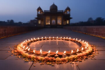 Illuminated diyas arranged in a circle with flowers, building in the background at twilight hour