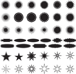 Collection of diverse black radial burst shapes on transparent background silhouette