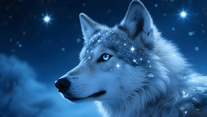 A beautiful white wolf or Siberian husky dog portrait with blue eyes in the cold winter snow at night, wolf wallpaper