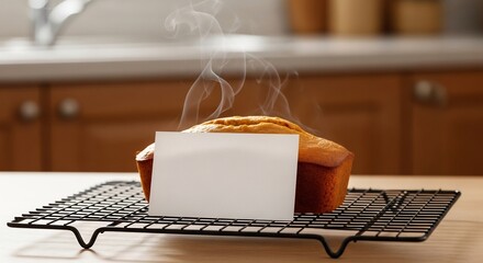 Freshly baked loaf of bread on a cooling rack with steam rising, blank card, perfect for recipe mockups, Thanksgiving promotions or cozy food blog headers. Warm and inviting.