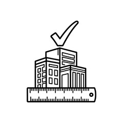 Buildings stand above ruler with checkmark, symbolizing property measurement and approval in a minimalist, clean style.