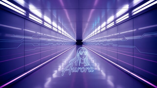 Neon aurora in a futuristic corridor with glowing lights and digital circuit patterns on the walls